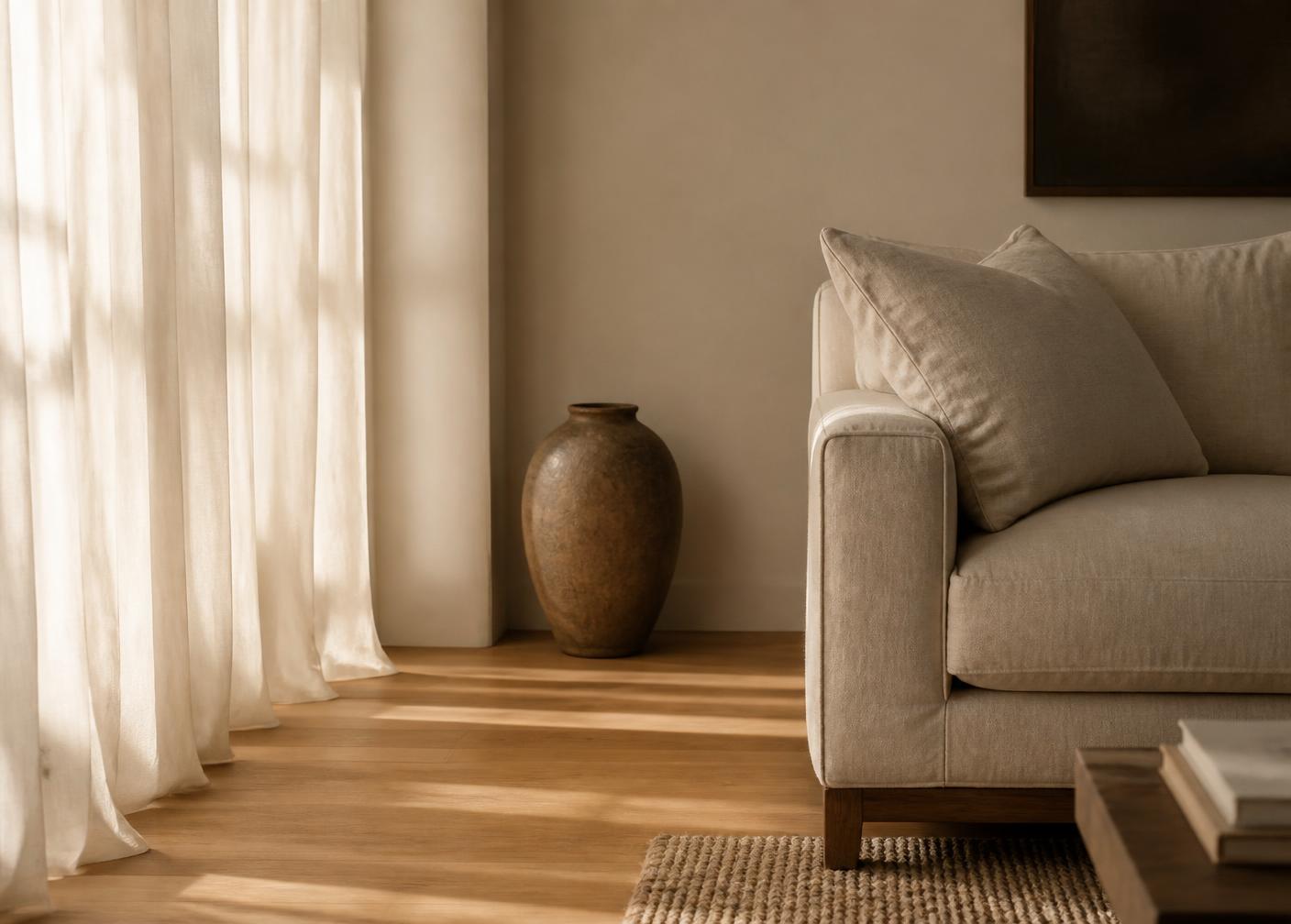 A calm, softly lit living room in an upscale home