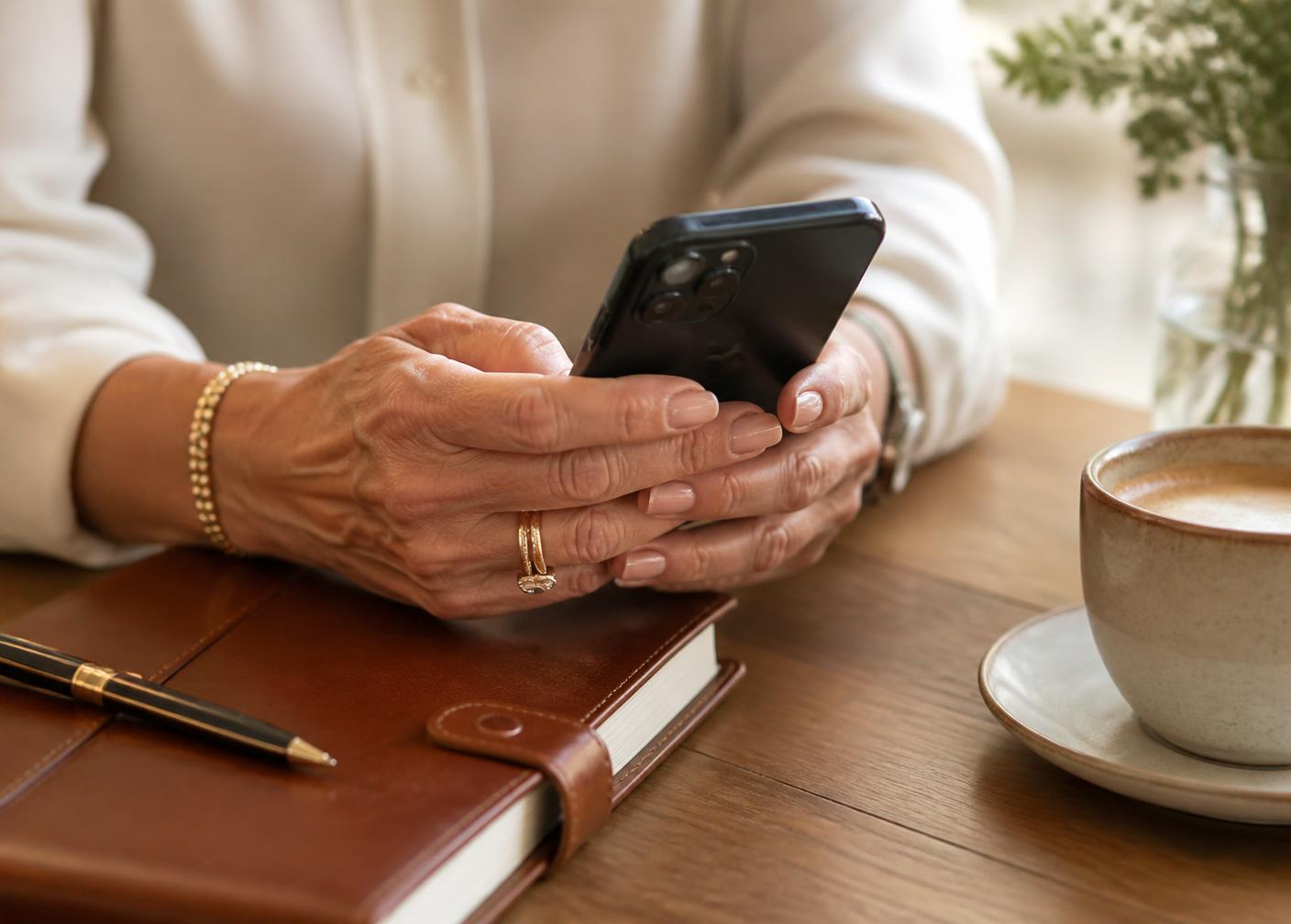 A seasoned professional reviewing something on a phone at a warm wooden table